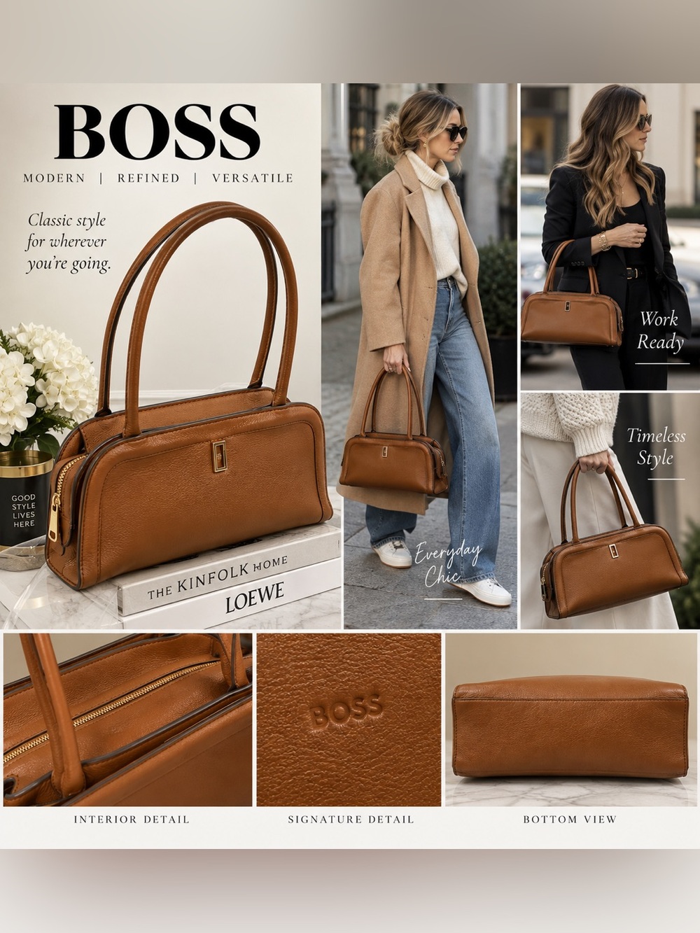 BOSS Cognac Tan Leather Satchel Bag